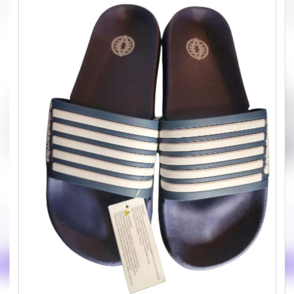 NEW Men's Akademiks Striped Logo Navy Blue & White Slides Slippers Size 11 (44)
